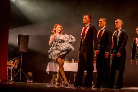 ODESSA, UKRAINE -July13,2019: Vivid erotic performance ShKAF. Sexy erotic women and boys in play act...