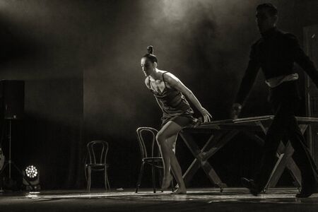 ODESSA, UKRAINE -July13,2019: Vivid erotic performance ShKAF. Sexy erotic women and boys in play act...