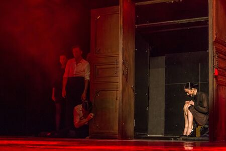 ODESSA, UKRAINE -July13,2019: Vivid erotic performance ShKAF. Sexy erotic women and boys in play act...