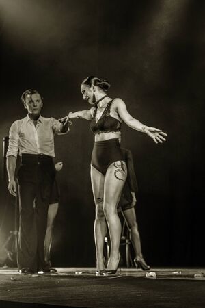 ODESSA, UKRAINE -July13,2019: Vivid erotic performance "ShKAF". Sexy erotic women and boys in play act out sex scenes of provincial brothel. Sexual erotic scenes from fashionable nightlife performanceのeditorial素材