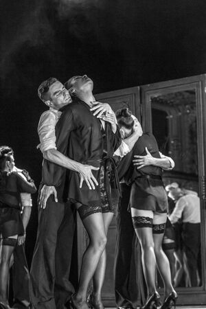 ODESSA, UKRAINE -July13,2019: Vivid erotic performance "ShKAF". Sexy erotic women and boys in play act out sex scenes of provincial brothel. Sexual erotic scenes from fashionable nightlife performanceのeditorial素材