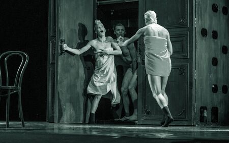 ODESSA, UKRAINE -July13,2019: Vivid erotic performance "ShKAF". Sexy erotic women and boys in play act out sex scenes of provincial brothel. Sexual erotic scenes from fashionable nightlife performanceのeditorial素材