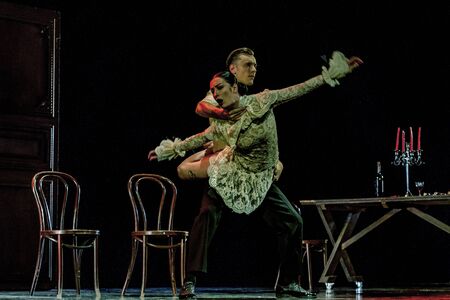 ODESSA, UKRAINE -July13,2019: Vivid erotic performance ShKAF. Sexy erotic women and boys in play act...