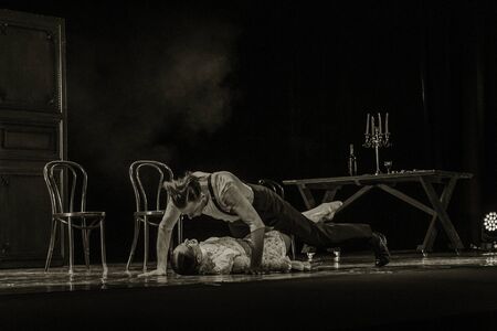 ODESSA, UKRAINE -July13,2019: Vivid erotic performance "ShKAF". Sexy erotic women and boys in play act out sex scenes of provincial brothel. Sexual erotic scenes from fashionable nightlife performanceのeditorial素材