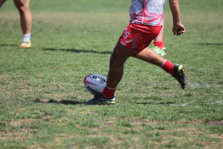 ODESSA, UKRAINE - SEPTEMBER 7, 2019: National team of Odessa Rugby Championship - Kremenchug. Intense struggle of rugby players for ball. Dynamic game on green field of stadium. Fierce Rugby Fightのeditorial素材