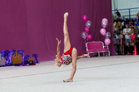 ODESSA, UKRAINE - September 21, 2019: children, girls compete in rhythmic gymnastics at Ukrainian...