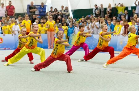ODESSA, UKRAINE - October 1, 2019: Wushu athlete during the Wushu competition among children. Young...