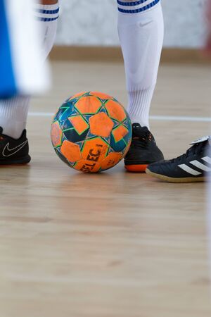 Odessa, Ukraine - October 6, 2019: Unidentified local team players play indoor soccer futsal...
