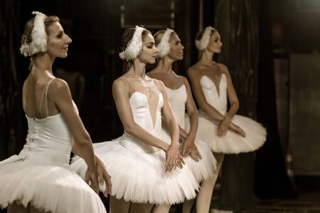 ODESSA, UKRAINE -JULY22, 2019: ballet. Classical ballet on stage of Odessa Opera Theater. Ballet dancers on stage dance classical works of Swan Lake. Form of artistic ball dance on stage of theaterのeditorial素材