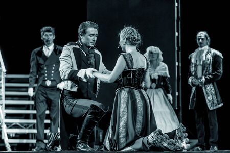 ODESSA, UKRAINE - July 14, 2019: Group of actors in action on stage of Odessa Opera and Ballet...
