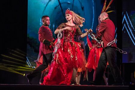 ODESSA, UKRAINE - July 14, 2019: Group of actors in action on stage of Odessa Opera and Ballet...