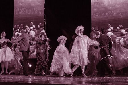 ODESSA, UKRAINE - July 14, 2019: Group of actors in action on stage of Odessa Opera and Ballet...