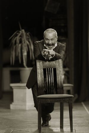 ODESSA, UKRAINE - October 9, 2019: Ada Rogovtseva and Viktor Shenderovich at the premiere of the philosophical play âWHAT HELLâ Artists play in a performance on the stage of the theaterのeditorial素材