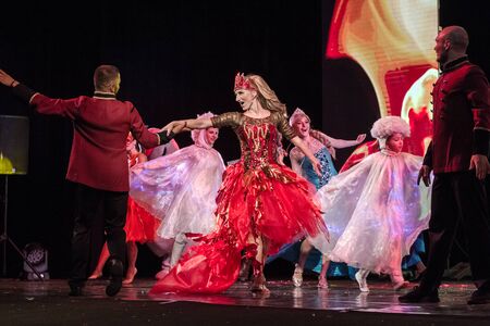 ODESSA, UKRAINE - July 14, 2019: Group of actors in action on stage of Odessa Opera and Ballet Theater during performance of children's musical performance "The Cold Heart". Performance for childrenのeditorial素材