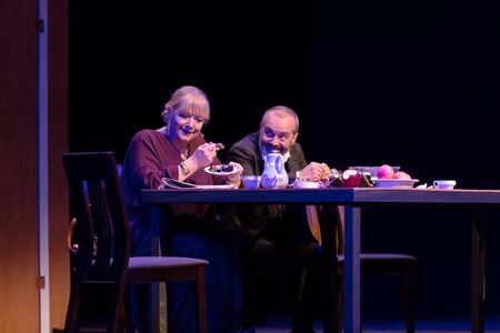 ODESSA, UKRAINE - October 9, 2019: Ada Rogovtseva and Viktor Shenderovich at the premiere of the philosophical play âWHAT HELLâ Artists play in a performance on the stage of the theaterのeditorial素材
