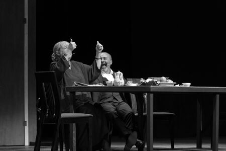 ODESSA, UKRAINE - October 9, 2019: Ada Rogovtseva and Viktor Shenderovich at the premiere of the philosophical play âWHAT HELLâ Artists play in a performance on the stage of the theaterのeditorial素材