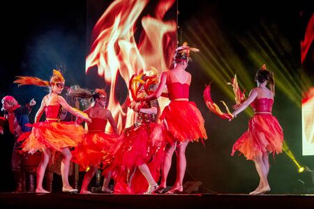 ODESSA, UKRAINE - July 14, 2019: Group of actors in action on stage of Odessa Opera and Ballet...