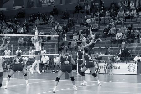 ODESSA, SOUTH, UKRAINE - October 15, 2019: Women's European Volleyball Championship. Female KHIMIK YUZHNY - MLADOST ZAGREB Croatia. CEV Champions League Volley 2020. Women's Intense Volleyball Gameのeditorial素材