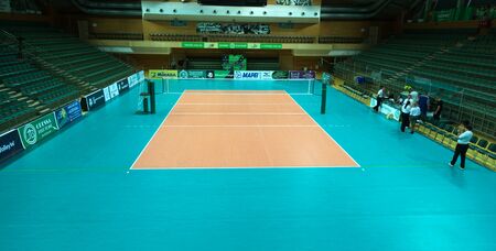 ODESSA, SOUTH, UKRAINE - October 15, 2019. Women's European Volleyball Championship. Volleyball court, net prepared in anticipation of match. CEV Champions League Volley 2020のeditorial素材