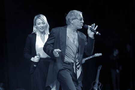 ODESSA, UKRAINE - Nov. 1, 2019: concert performance by Adriano Celentano. Soloist of the music group - Adolfo Sebastiani - famous singer, showman Celentano. Tribute Show Celentano. Italian pop legendのeditorial素材