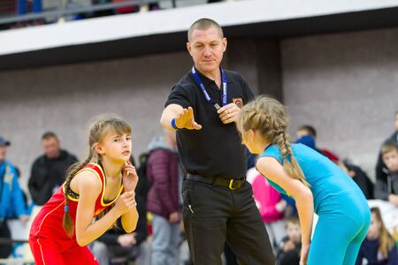 Odessa, Ukraine November 28, 2019: Children's championship of Ukraine freestyle Wrestling. Children's sports, lifestyle. Children's power competitions in martial arts. Greco-Roman freestyle wrestlingのeditorial素材