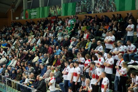 Odessa, Yuzhny, Ukraine-November 27, 2019. Group of fans with flags of Poland in stands during European volleyball championship among women. VK Khimik - LKS Kommersant Poland (black). Group tournamentのeditorial素材
