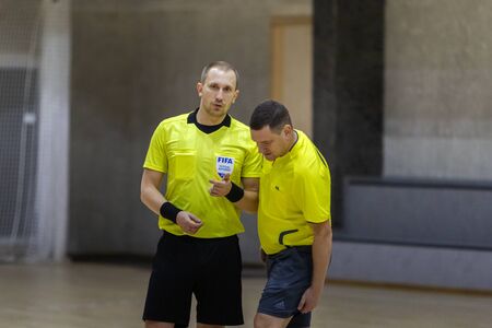 ODESSA, UKRAINE December 15, 2019: Unidentified local team players play futsal futsal tournament on...