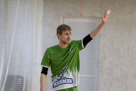ODESSA, UKRAINE - CIRKA, 202020: Unidentified local team players play futsal futsal tournament on...