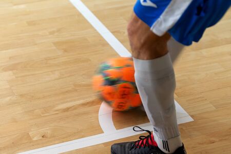 ODESSA, UKRAINE - CIRKA, 2020: Unidentified local team players play futsal futsal tournament on t
