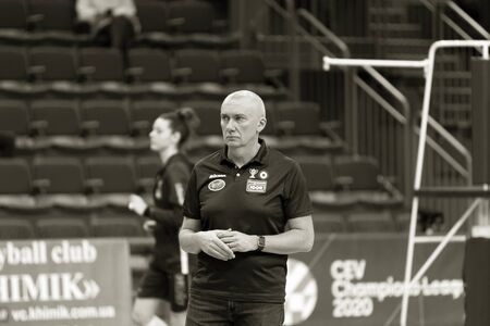 YUZHNUY, ODESSA, Ukr - Febr 4, 2020: Legendary European coach Massimo Barbolini (Igor Gorgonzola Novara) during KHIMIK YUZHNUY game - Igor Gorgonzola Novara Italy. Volleyball Women's Champions Leagueのeditorial素材