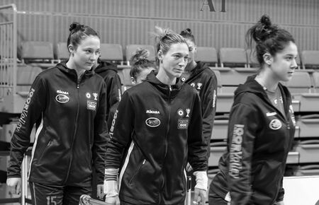 ODESSA, Yuzhny, UKRAINE - Febr 4, 2020. Women European Volleyball Championship. VK Khimik - Ukraine accepts Igor Gorgonzola NOVARA, Italy (red-blue). CEV Cup Challendge round European Women Volleyballのeditorial素材