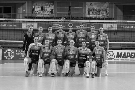 ODESSA, Yuzhny, UKRAINE - Febr 4, 2020. Women European Volleyball Championship. VK Khimik - Ukraine accepts Igor Gorgonzola NOVARA, Italy (red-blue). CEV Cup Challendge round European Women Volleyballのeditorial素材