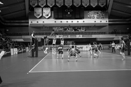 ODESSA, Yuzhny, UKRAINE - Febr 4, 2020. Women European Volleyball Championship. VK Khimik - Ukraine accepts Igor Gorgonzola NOVARA, Italy (red-blue). CEV Cup Challendge round European Women Volleyballのeditorial素材