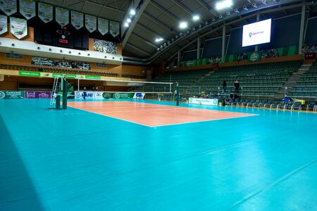 ODESSA, Yuzhny, UKRAINE - Febr 4, 2020. Women's European Volleyball Championship. Empty clean european volleyball court awaiting gameのeditorial素材