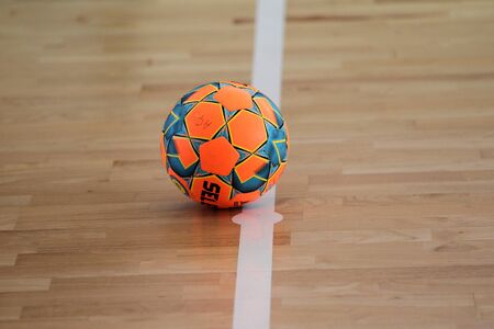 Odessa, Ukraine- Febr 17, 2020: Little boys, children play mini football in sports hall at sports city Junior championship. Children's sport is healthy lifestyle. Sports children football playersのeditorial素材