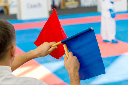 Odessa, Ukraine - September 30, 2019: Karate Championship among children of athletes. Best karate fighters children demonstrate their ability to fight on tatami. Battle of karate. Children's sportsのeditorial素材