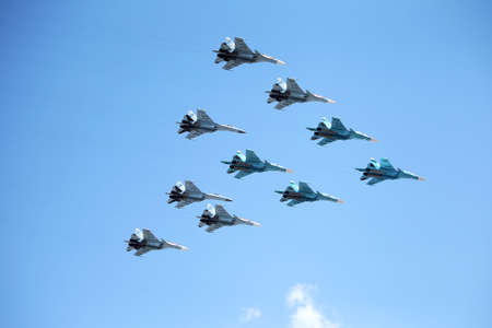 MOSCOW, RUSSIA - June 24, 2020: an air parade of Russian SU-34 aircraft will fly over Kremlin and Red Square to mark 75th anniversary of Victory over Nazi Germany during military parade on Victory Dayのeditorial素材