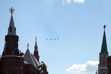 MOSCOW, RUSSIA - June 24, 2020: Fifth-generation Russian multi-purpose fighters Su-57 during air parade dedicated to 75th anniversary of Victory fly in sky over Red Squareのeditorial素材