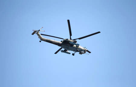 MOSCOW, RUSSIA - June 24,2020. An air parade of military combat helicopters of Russian Air Force fly in skies of Moscow over Kremlin and Red Square in 75th anniversary of Victory during Victory Paradeのeditorial素材