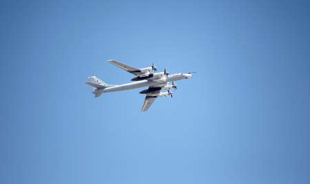 MOSCOW, RUSSIA - June 24,2020: Air parade of Russian aircraft TU-95MS will fly over Kremlin and red...