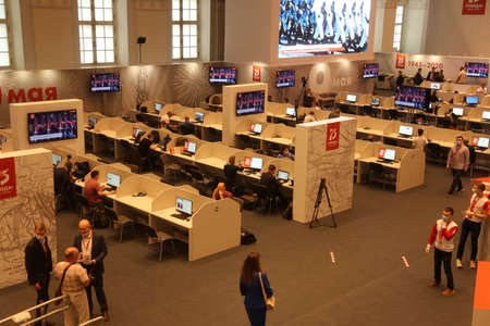 MOSCOW - June 24,2020. Journalists work in international press center, watch Victory Parade and...