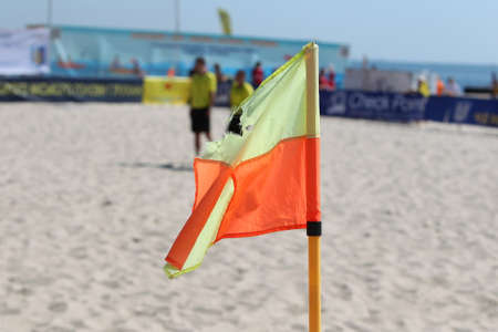 Odessa, Ukraine-July 25, 2020: Beach Soccer Championship among amateur women on beach. Soccer in sand. Young beautiful girls playing beach football on sand of city beach. Football on sandのeditorial素材