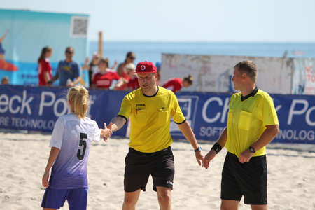 Odessa, Ukraine - July 25, 2020. Women's Amateur Beach Soccer Championship on the beach. Football on...