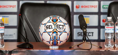 Odessa, Ukraine - July 15, 2017: Hall of football press conferences. Details of press center during press conference before UEFA Champions FC Dynamo Kiev - SHAKHTER Donetsk. Official football SELECTのeditorial素材