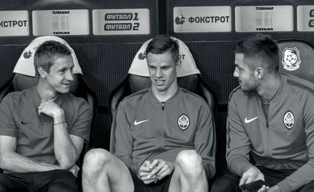 ODESSA, UKRAINE - 07/15/2018: Players of FC SHAKHTER Donetsk on the bench before the start of the UEFA Cup match against FC Dynamo Kiev. Footballers on the benchのeditorial素材