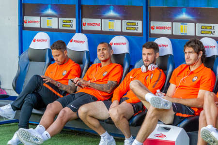 ODESSA, UKRAINE - 07/15/2018: Players of FC SHAKHTER Donetsk on the bench before the start of the...