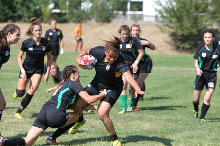 Odessa, Ukraine - August 22, 2020: Ukrainian Cup among women rugby teams Odessa. Tense moment of girls' rugby fight. Dramatic challenging game for women's rugby teamのeditorial素材
