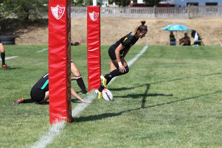 Odessa, Ukraine - August 22, 2020: Ukrainian Cup among women rugby teams Odessa. Tense moment of girls' rugby fight. Dramatic challenging game for women's rugby teamのeditorial素材