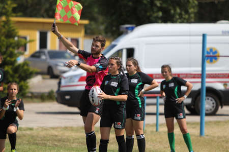 Odessa, Ukraine - August 22, 2020: Ukrainian Cup among women rugby teams Odessa. Tense moment of girls' rugby fight. Dramatic challenging game for women's rugby teamのeditorial素材