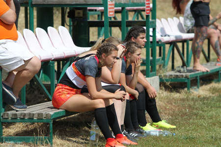 Odessa, Ukraine - August 22, 2020: Ukrainian Cup among women rugby teams Odessa. Tense moment of girls' rugby fight. Dramatic challenging game for women's rugby teamのeditorial素材